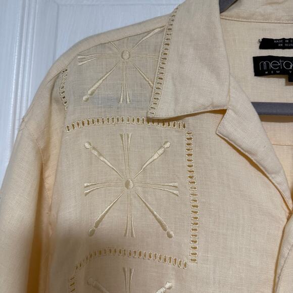 Metafuori Men's 100%Linen Light Yellow Embroidered Button Down Shirt Size Large - Picture 4 of 14